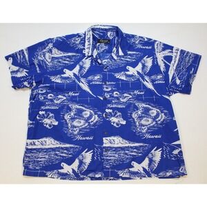 FAVANT HAWAIIAN SHIRT MENS SZ 5XL Blue White Flying Parrots Islands Hibiscus